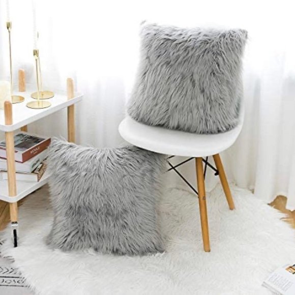 (Only Covers) Set of 2 Gray Luxury Fluffy Decorative Pillow Cushion Covers - Picture 3 of 3